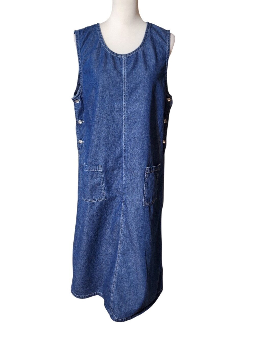 Blair M Vtg Jean Dean Overall Jumper Dress Modest Cottage Side Buttons Cotton